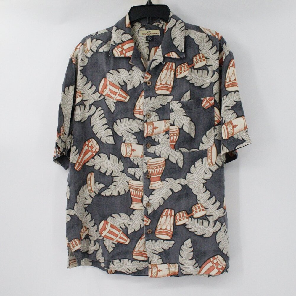 TOMMY BAHAMA Hawaiian Shirt‎ Mens Medium Silk Camp Aloha Short Sleeve drums